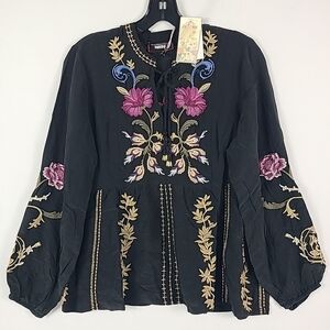 NWT $295 Johnny Was V-neck Swing Silk Blouse Black Beading Embroidered Sz S